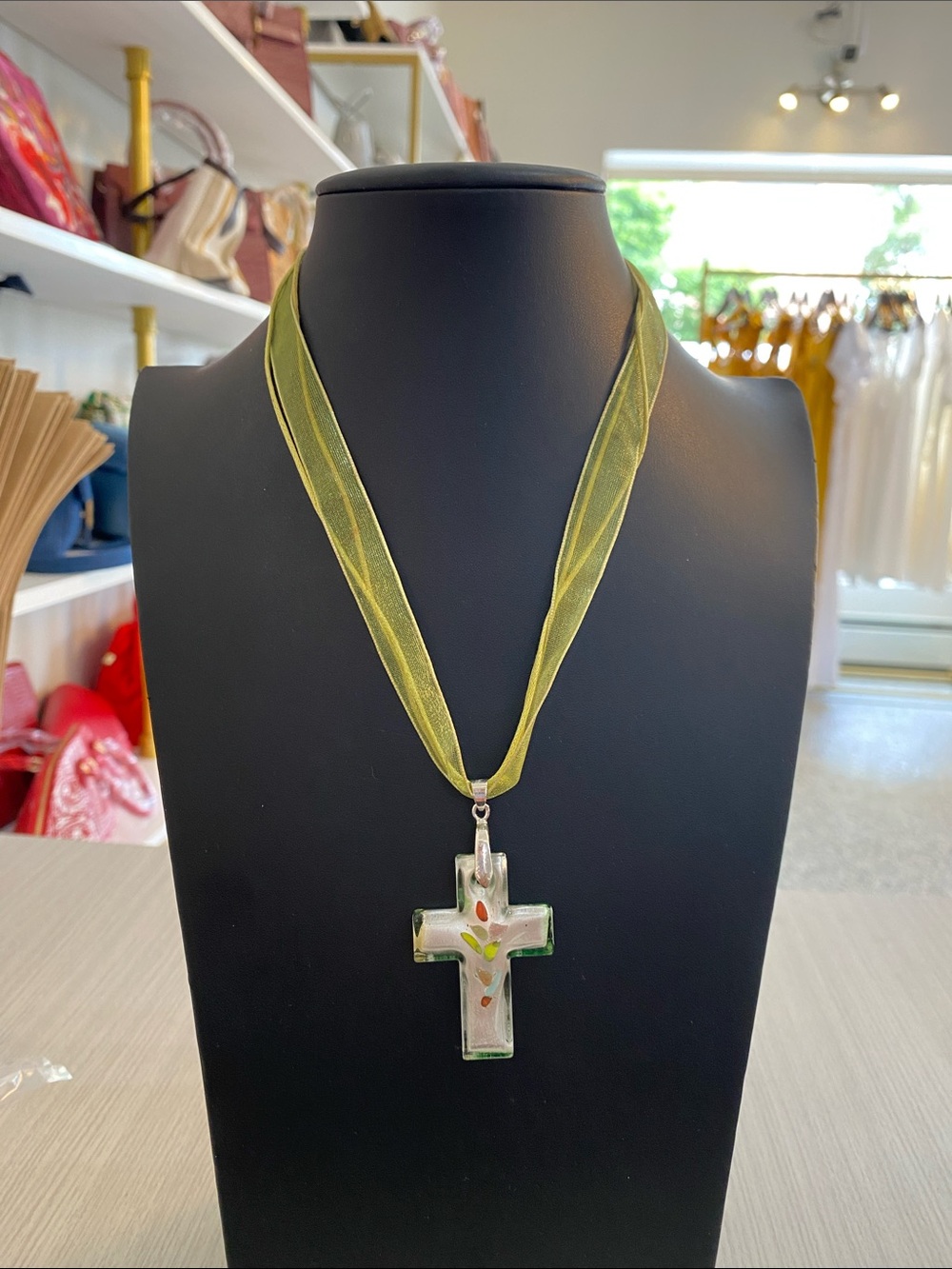 Olive Green Ribbon Cross Glass Pendant Necklace